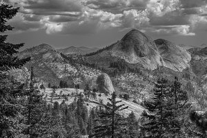 Stone mountains poke their heads out in Yosemite National Park.
